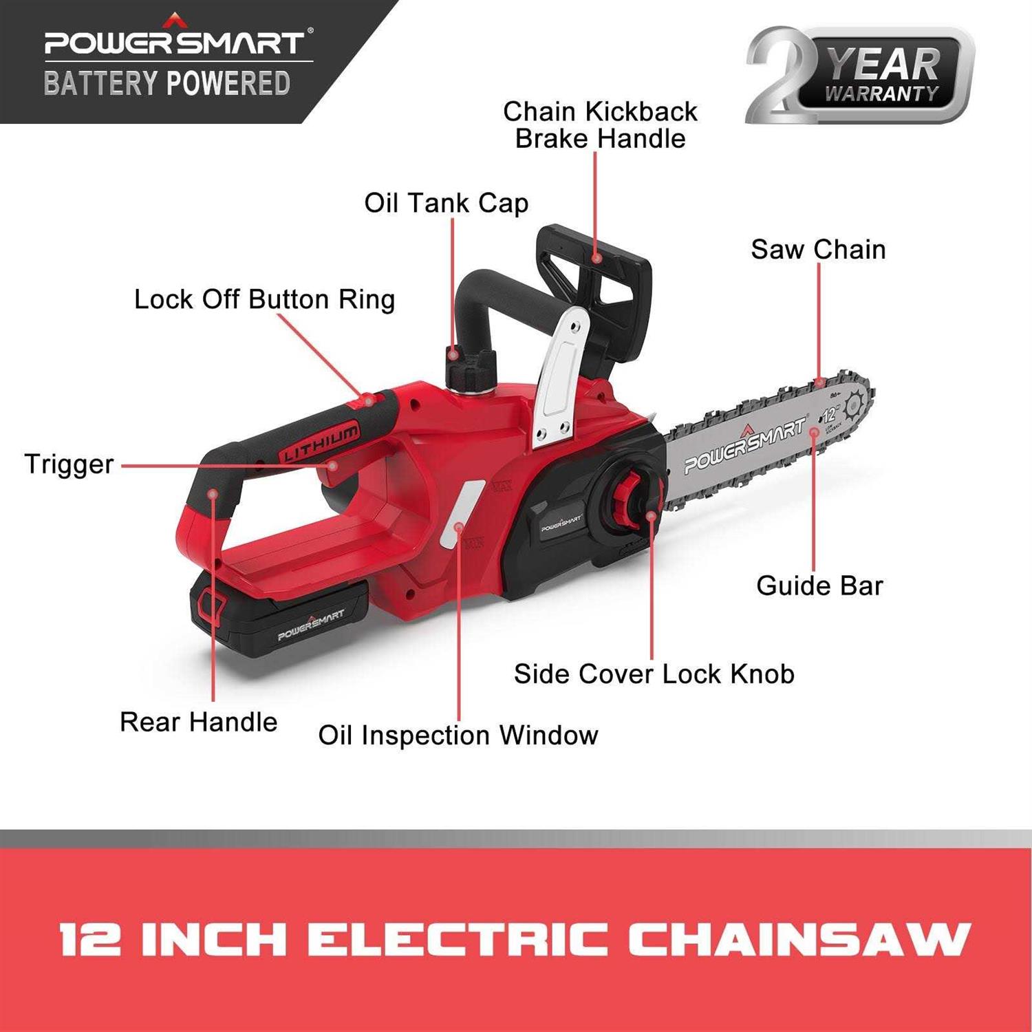Powersmart PS76122A 12 inch 20 V Cordless Chainsaw with 4.0 Ah Battery - Image 4