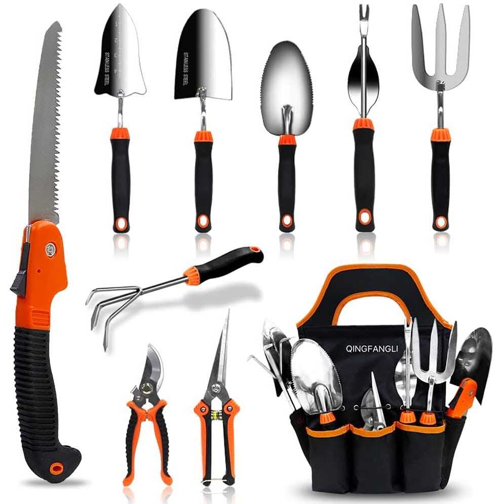 Qingfangli Garden Tool Set,10 PCS Stainless Steel Heavy Duty Gardening Tool Set with Soft Rubberized Non-Slip Ergonomic Handle Storage Tote