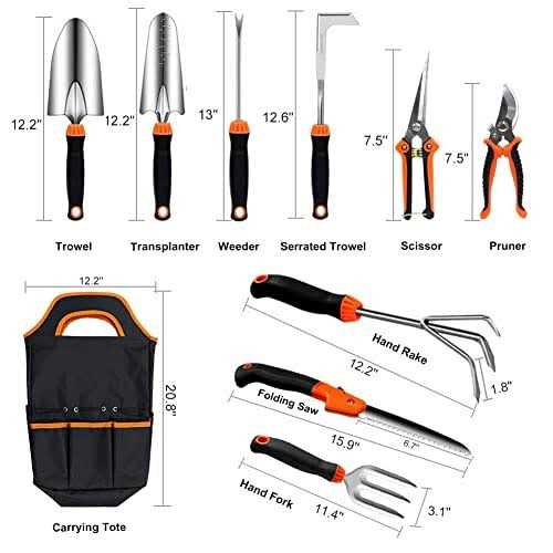 Qingfangli Garden Tool Set,10 PCS Stainless Steel Heavy Duty Gardening Tool Set with Soft Rubberized Non-Slip Ergonomic Handle Storage Tote - Image 2