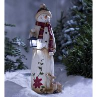 Plow & Hearth Woodland Snowman with LED Solar Lantern Outdoor Holiday Dcor