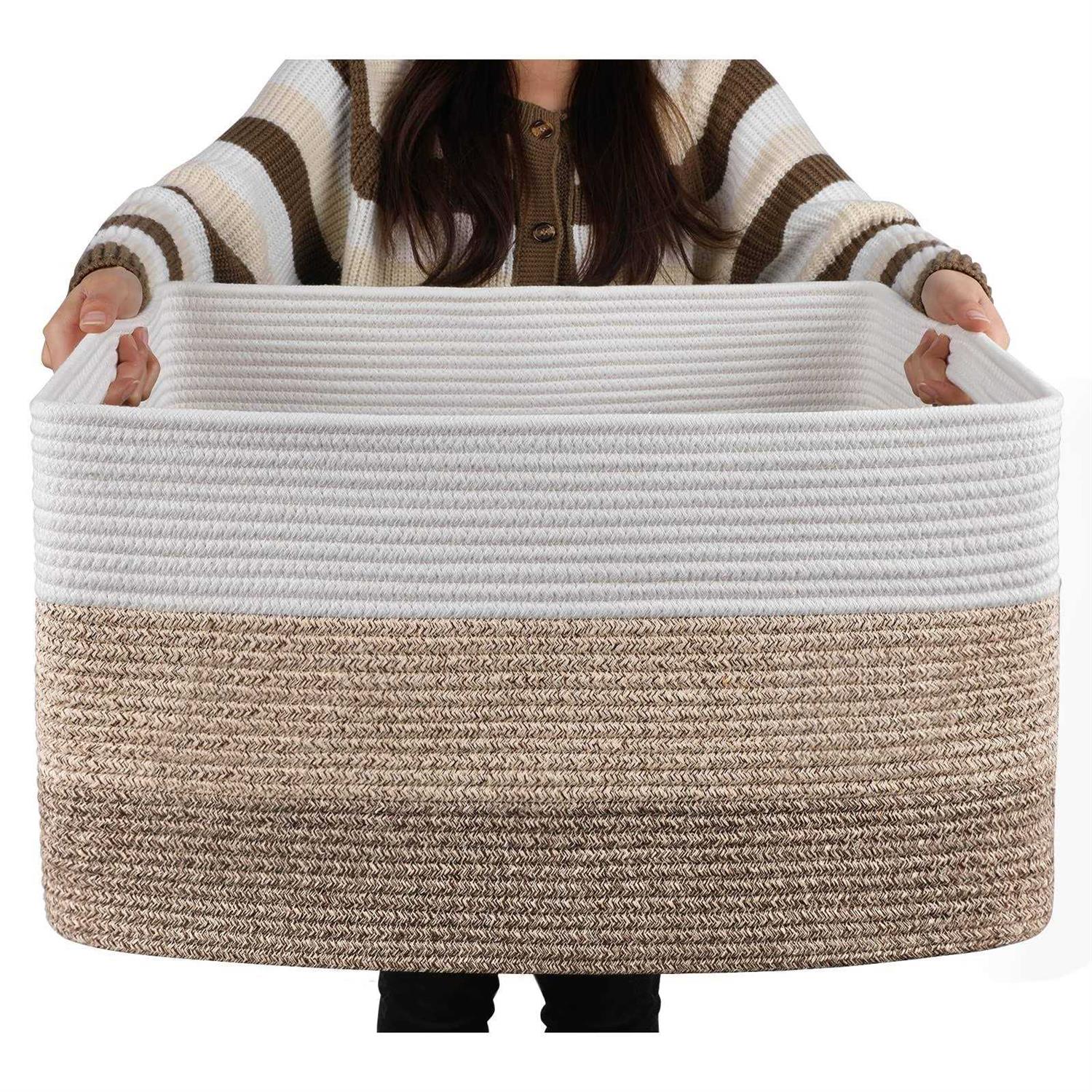 Oiahomy Large Cotton Rope Basket Rectangle Woven Baskets for Storage Nursery Blanket Basket Living Room
