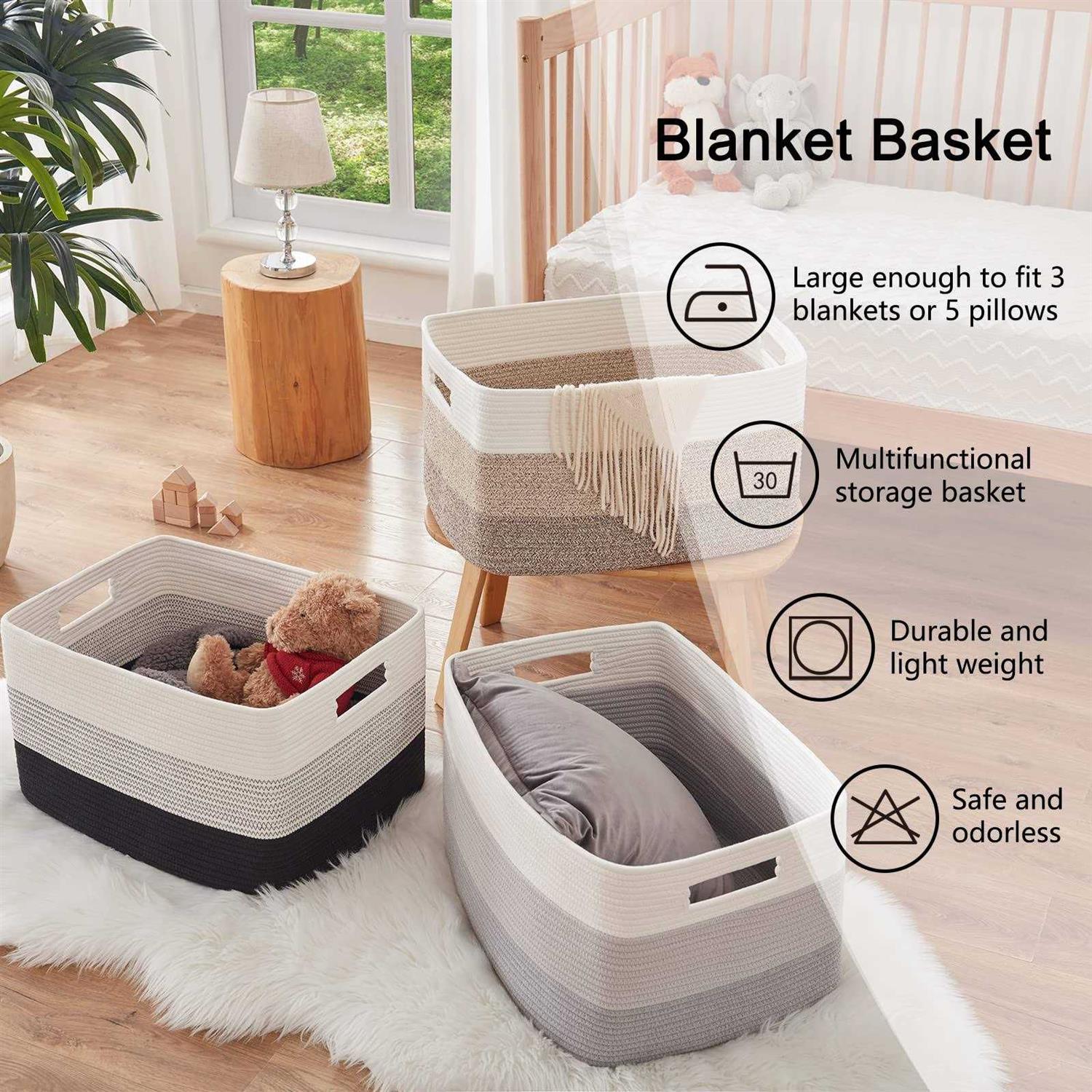 Oiahomy Large Cotton Rope Basket Rectangle Woven Baskets for Storage Nursery Blanket Basket Living Room - Image 3