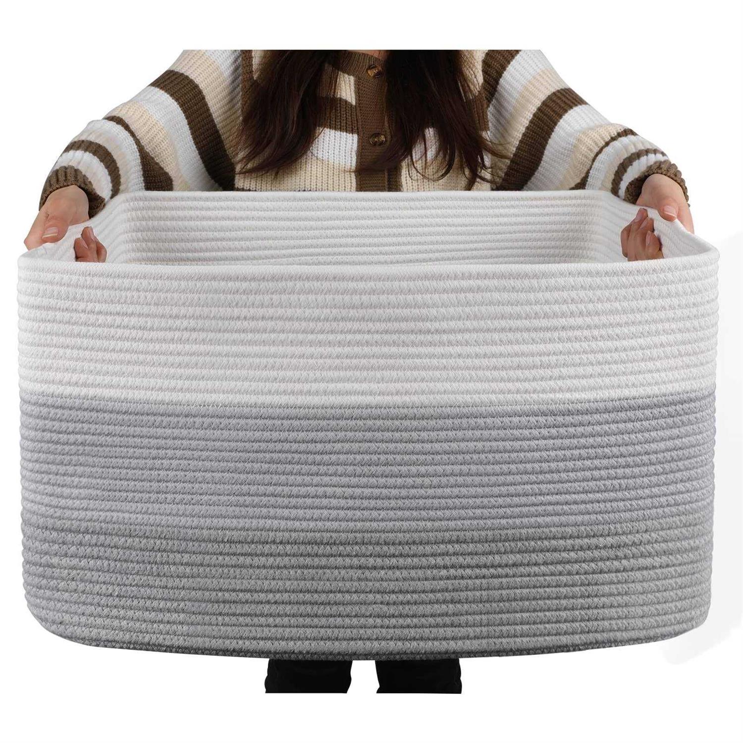 Oiahomy Large Cotton Rope Basket Rectangle Woven Baskets for Storage Nursery Blanket Basket Living Room