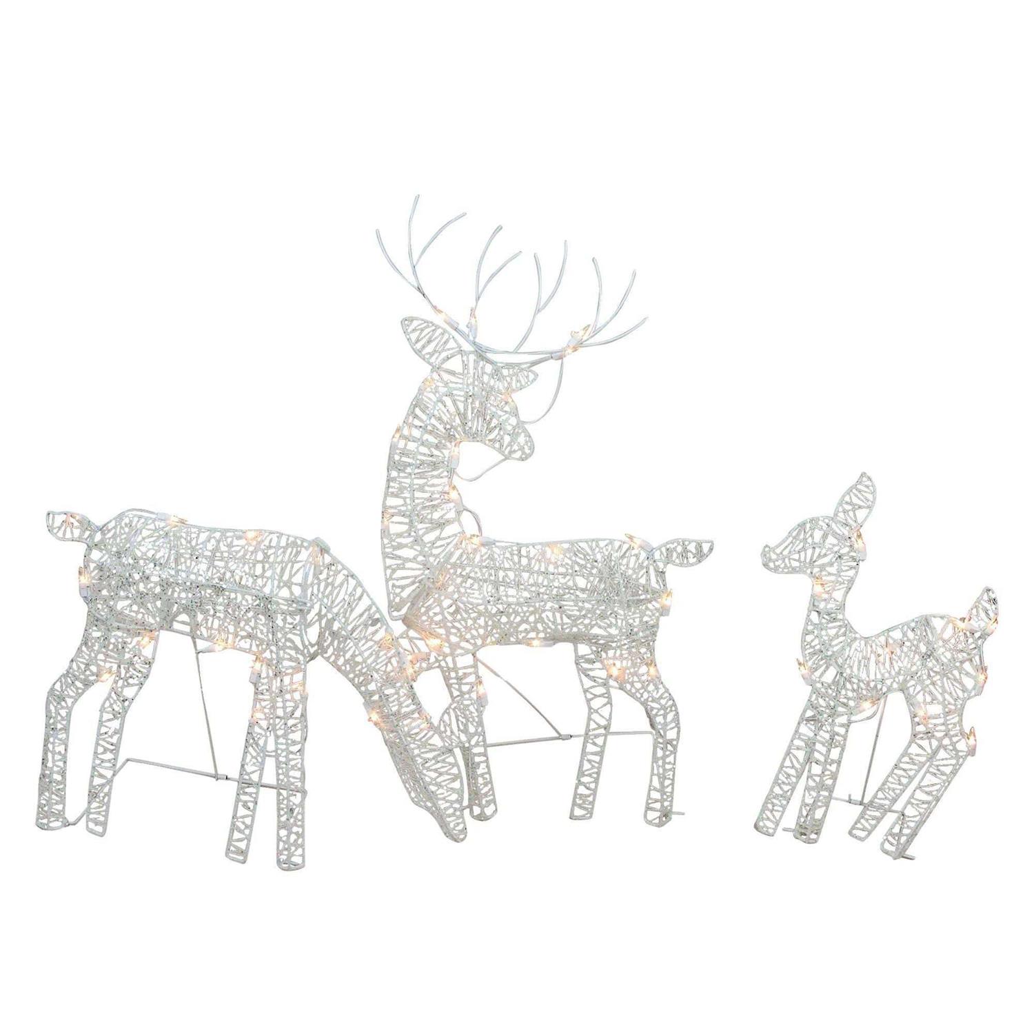 Northlight Set of 3 White Glittered Doe Fawn and Reindeer Lighted Christmas Outdoor Decoration