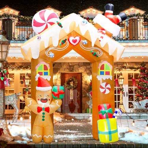 11FT Height Giant Christmas Iatables Arch Decorations Gingerbread House Archway Blow Ups Yard Decoration Rotating LED Lights Décor for Holiday