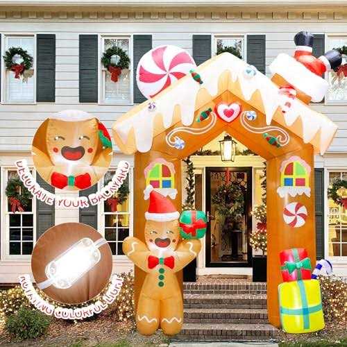 11FT Height Giant Christmas Iatables Arch Decorations Gingerbread House Archway Blow Ups Yard Decoration Rotating LED Lights Décor for Holiday - Image 3