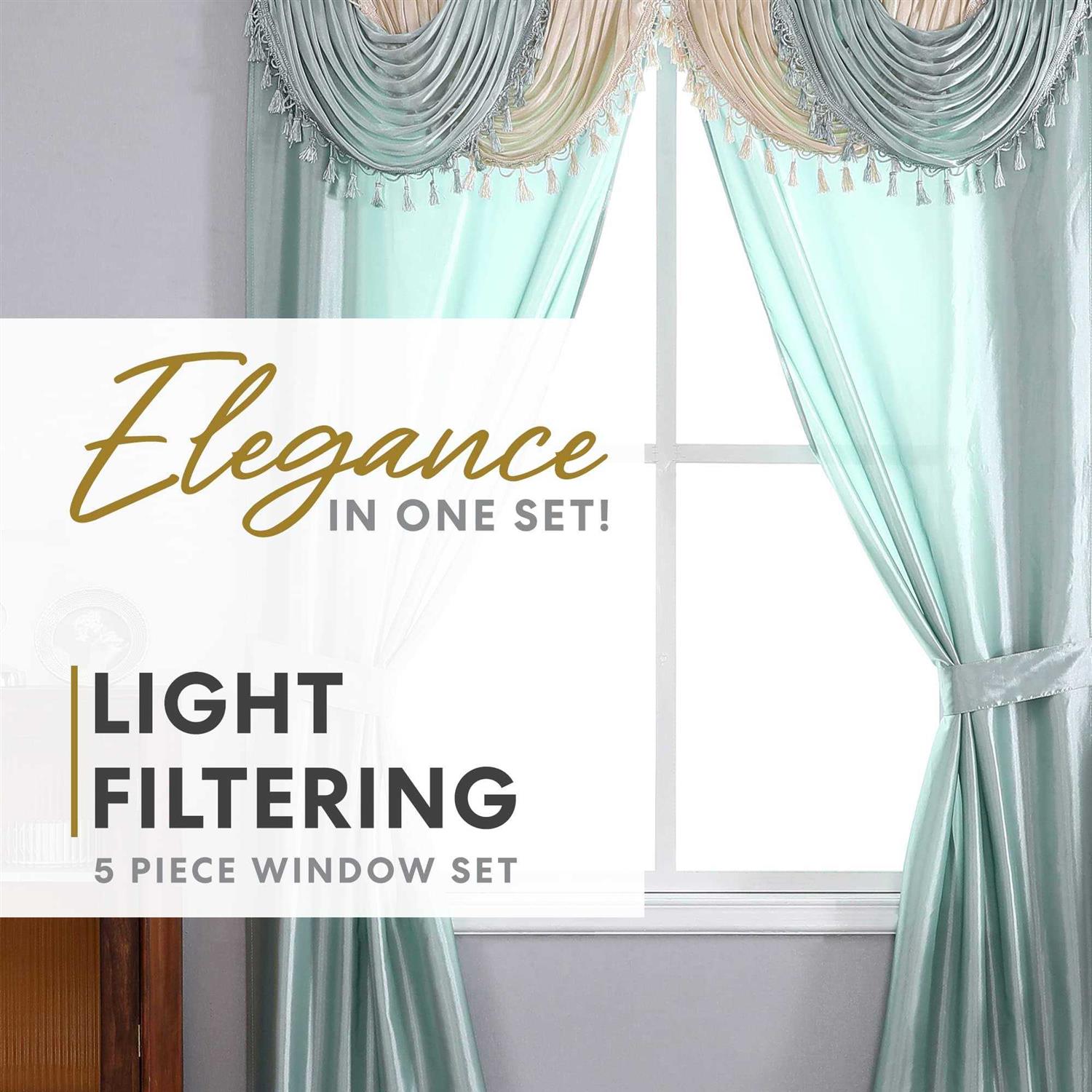 Regal Home Collections Amore Curtains 5-Piece Window Curtain Set 54-Inch W x Panels with Attached Valance and 2 Tiebacks - Image 2