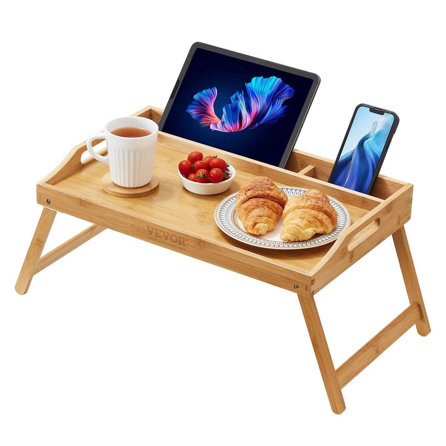 VEVOR Bed Tray Table with Foldable Legs Bamboo Breakfast Tray for Sofa Bed Eating Snacking and Working Folding Serving Laptop Desk Tray