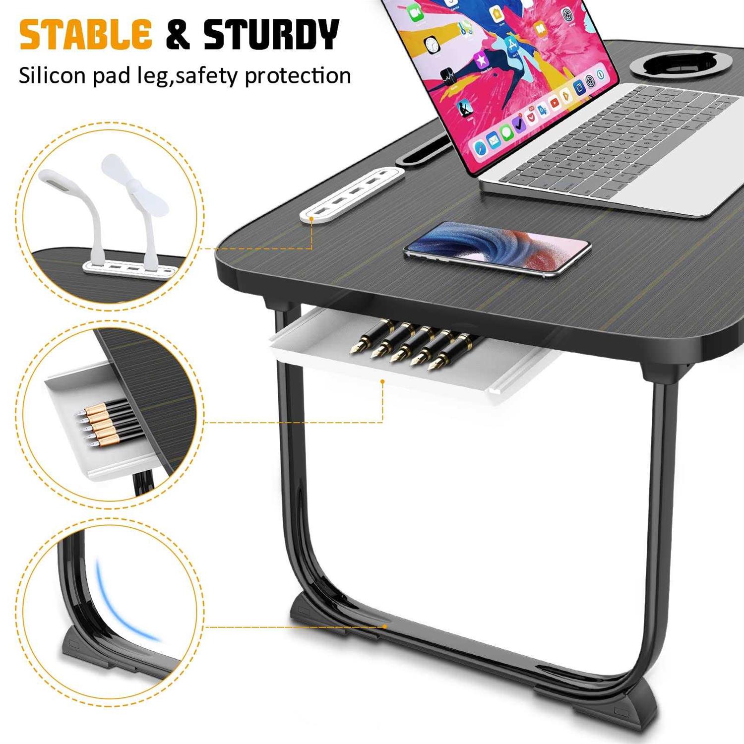 fayquaze Lap laptop desk, portable foldable laptop bed table with storage drawer and cup holder - Image 2