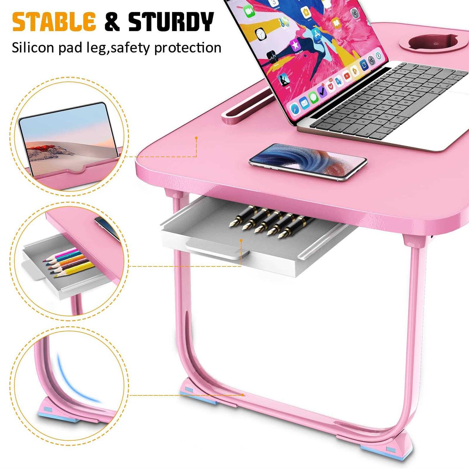 fayquaze Lap laptop desk, portable foldable laptop bed table with storage drawer and cup holder - Image 3
