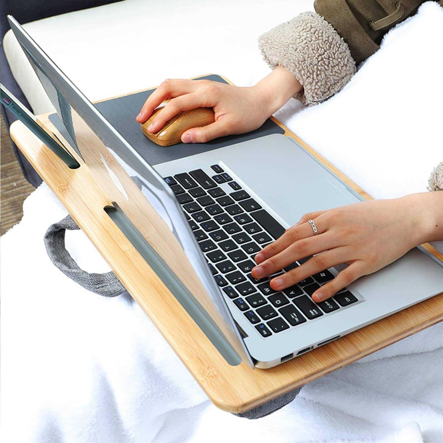 SUMISKY Laptop Lap Desk with Cushion Protable Laptop Desk with Handle Phone Holder and Bamboo Laptop Stand - Image 3