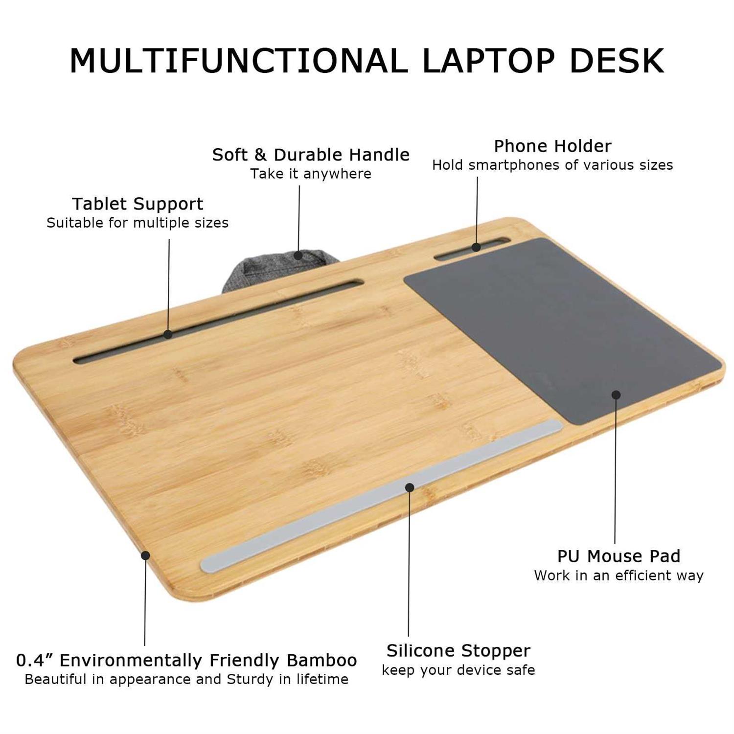 SUMISKY Laptop Lap Desk with Cushion Protable Laptop Desk with Handle Phone Holder and Bamboo Laptop Stand - Image 4