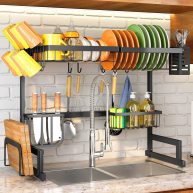SNTD Over The Sink Dish Drying Rack Adjustable Large Dish Drying Rack for Kitchen Counter with Multiple Baskets Utensil Sponge