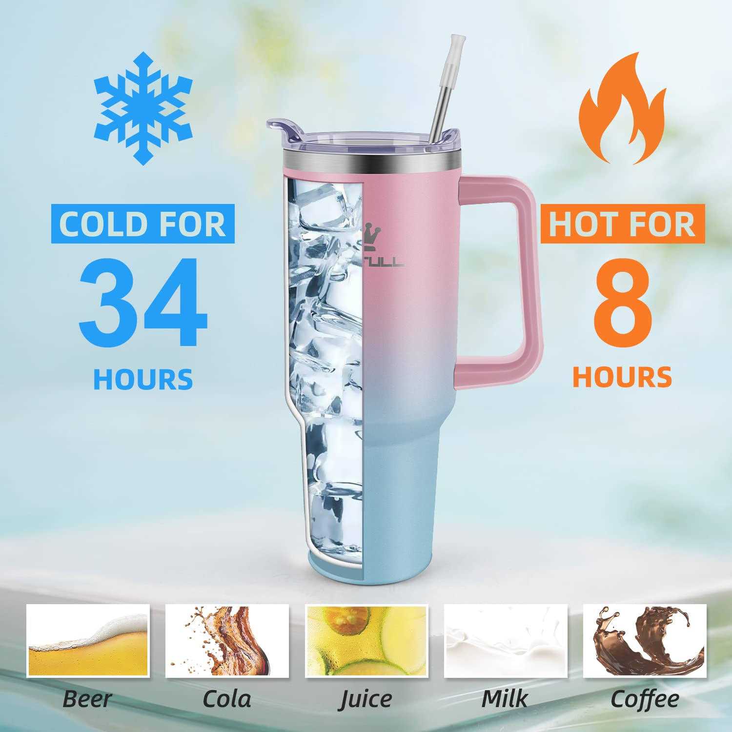Soufull 40 oz Tumbler with Handle and Straw Lid, 100% Leak-proof Travel Coffee Mug, Stainless Steel Insulated Cup for Hot and Cold Beverages - Image 3