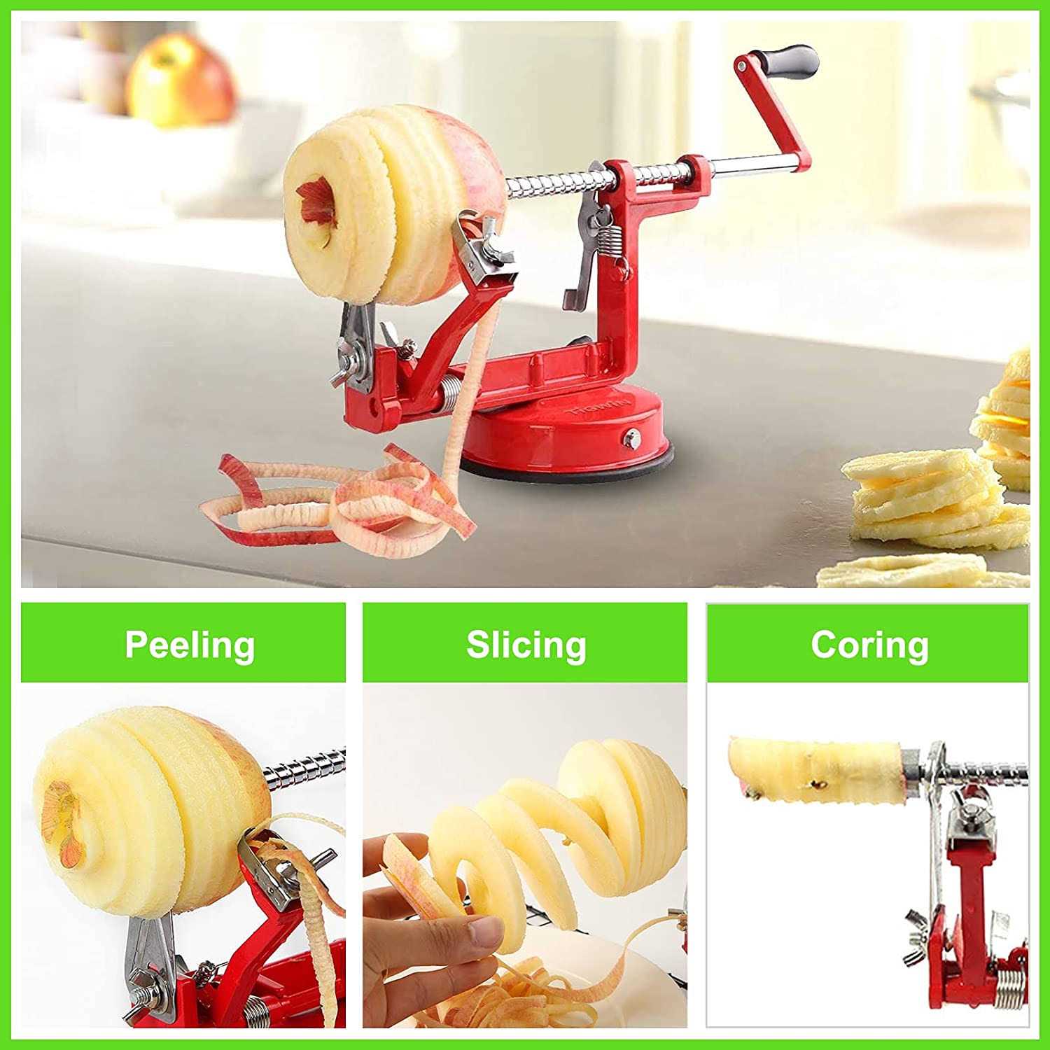 tigwin Apple Peeler Corer, Long lasting Chrome Cast Magnesium Alloy Apple Peeler Slicer Corer with Stainless Steel Blades and Powerful Suction Base - Image 2
