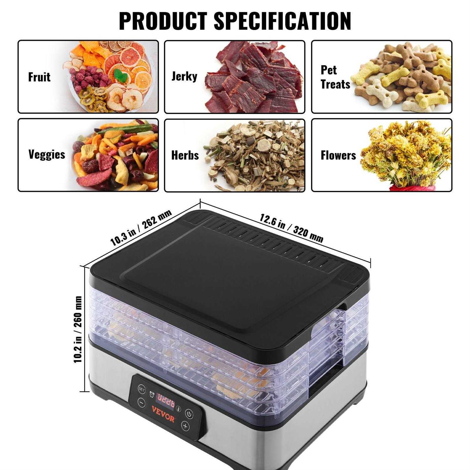 VEVOR Food Dehydrator Machine 5-Tray Fruit Dehydrator 300W Electric Food Dryer w/Digital Adjustable Timer & Temperature for Jerky - Image 2