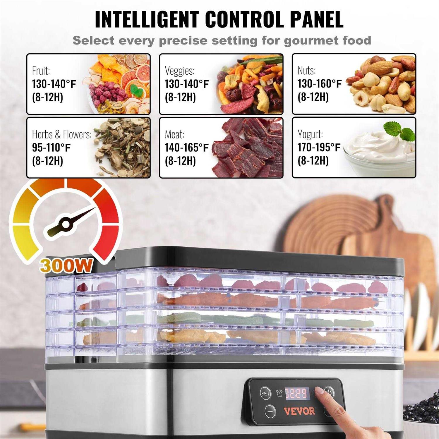 VEVOR Food Dehydrator Machine 5-Tray Fruit Dehydrator 300W Electric Food Dryer w/Digital Adjustable Timer & Temperature for Jerky - Image 5