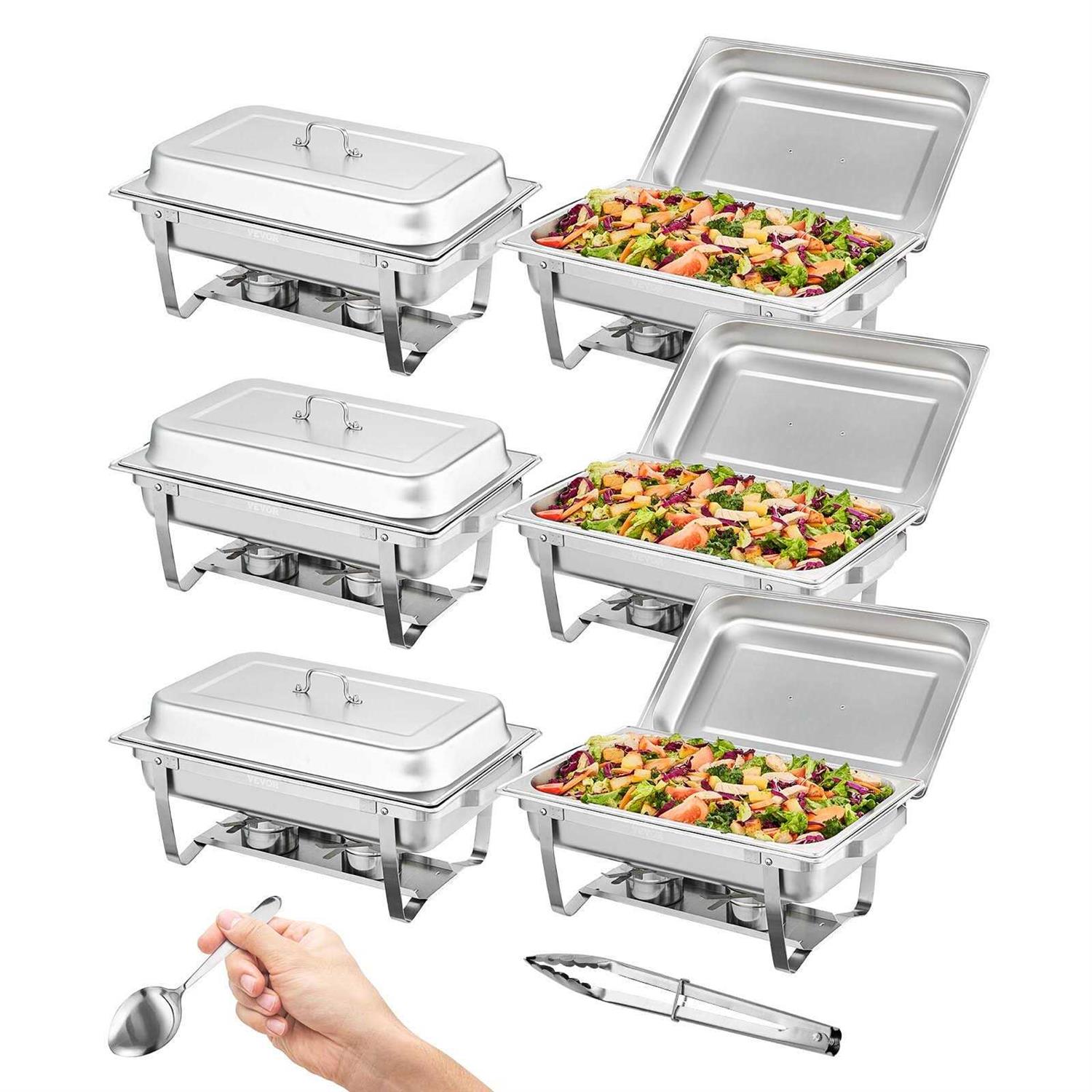VEVOR Chafing Dish Buffet Set 8-Qt. Stainless Chafer 6 Pack Rectangle Catering Warmer Server with 6 Full Size Pans