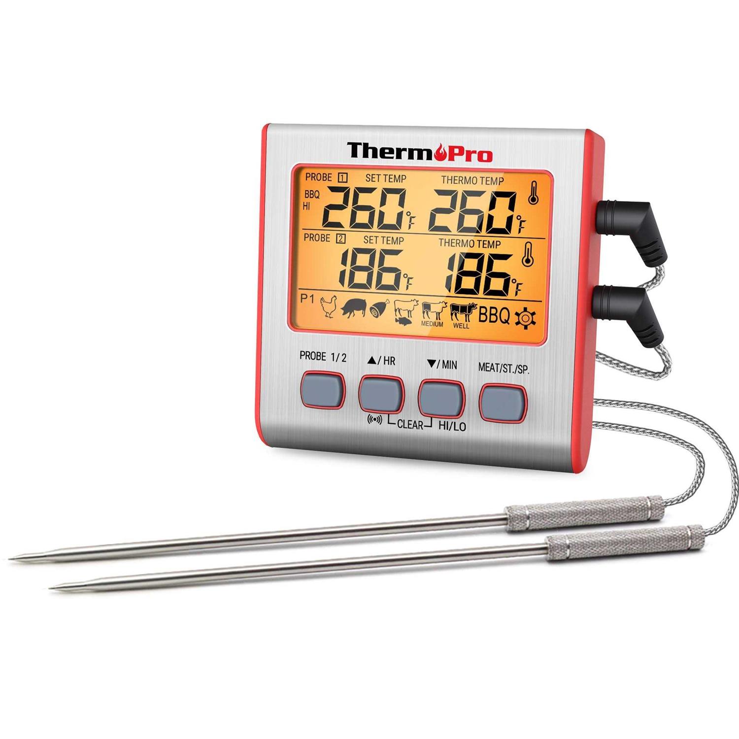 ThermoPro Digital Meat Thermometer with Dual Probes and Timer Mode Grill Smoker Thermometer TP17W