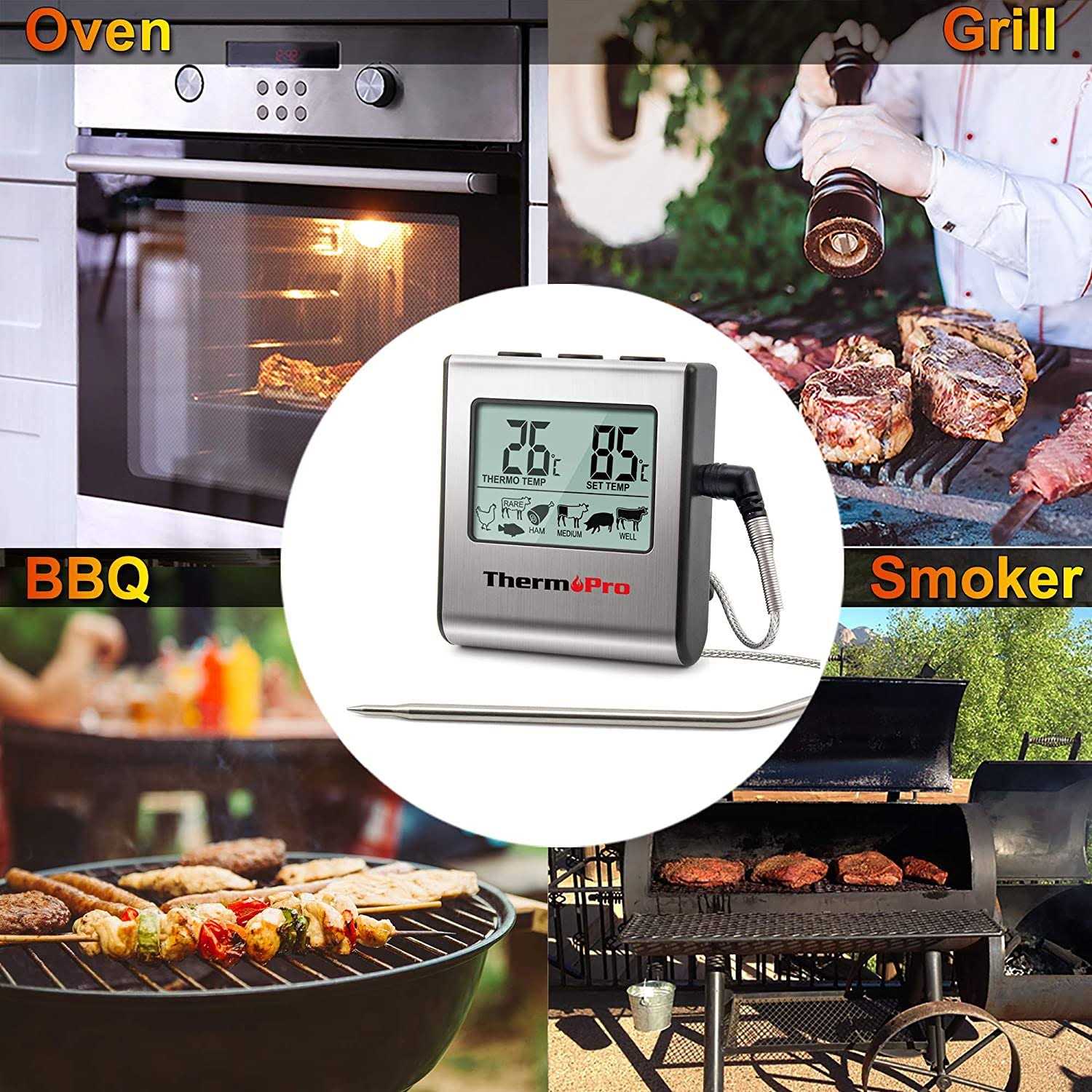 ThermoPro Tp-16 Large LCD Digital Cooking Food Meat Thermometer for Smoker Oven Kitchen BBQ Grill Thermometer Clock Timer with Stainless Steel - Image 2