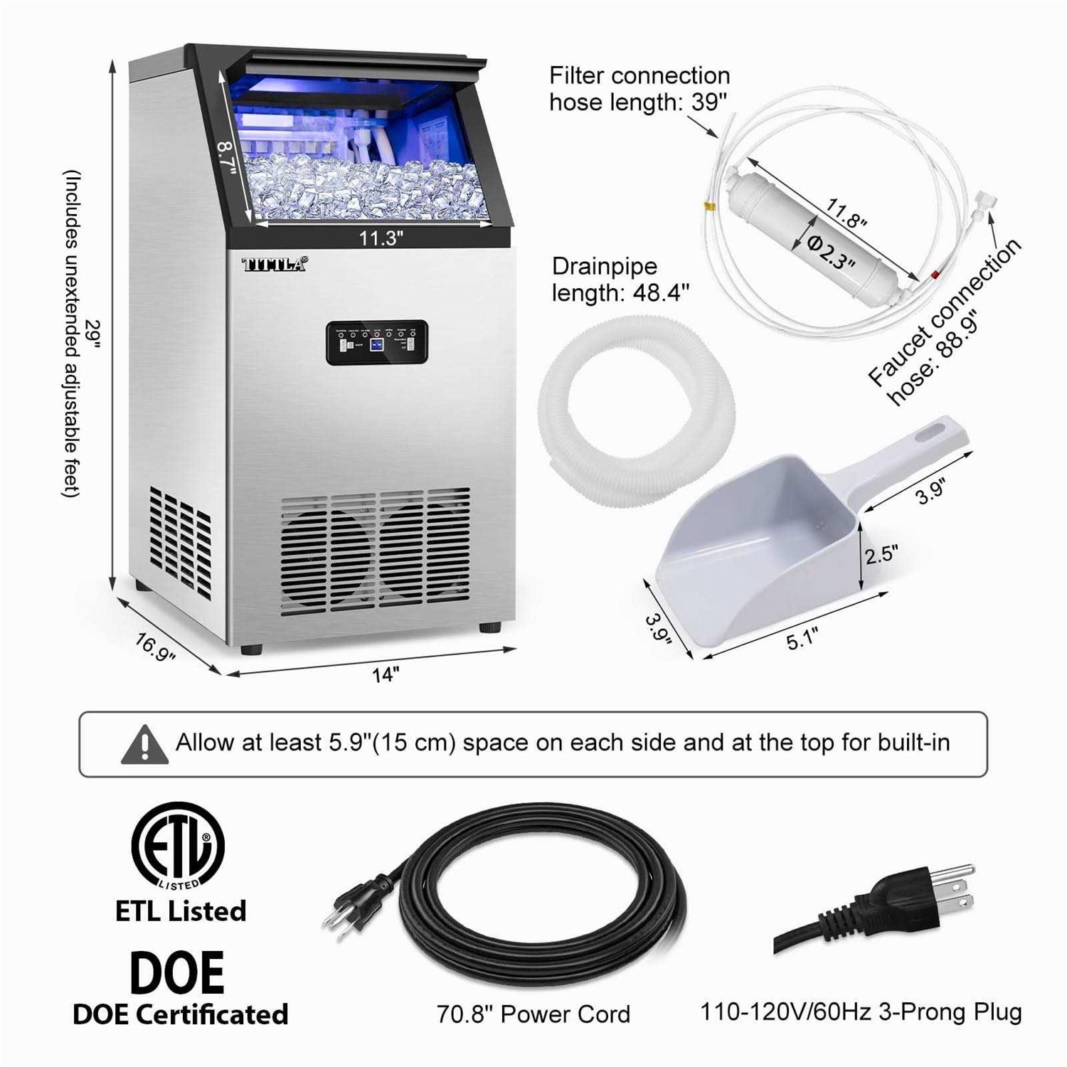 Tittla 14 in. 88 lb. Built-in Ice Maker in Stainless Steel Flip-up Door 2 Water Inlet Modes with Scoop & Water Filter Blue LEDs - Image 4