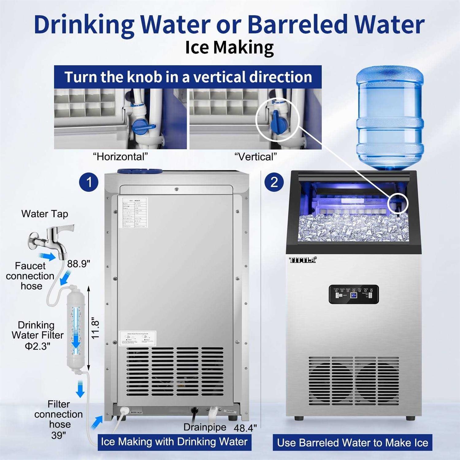 Tittla 14 in. 88 lb. Built-in Ice Maker in Stainless Steel Flip-up Door 2 Water Inlet Modes with Scoop & Water Filter Blue LEDs - Image 5