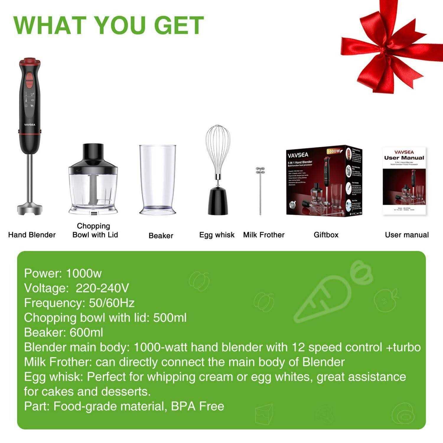 Vavsea HB-2076 mmersion Hand Blender 12-Speed Multi-Function Handheld Stick Blender with Stainless Steel Blades - Image 5