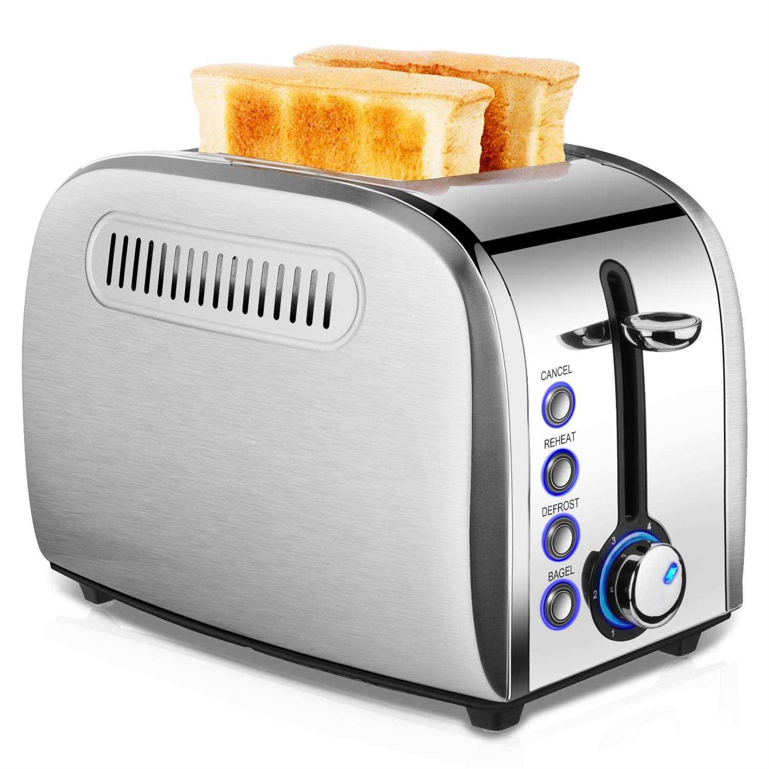 Toaster 2 Slice JEWJIO Stainless Steel Retro Toaster With 1.5 Extra Wide Slot