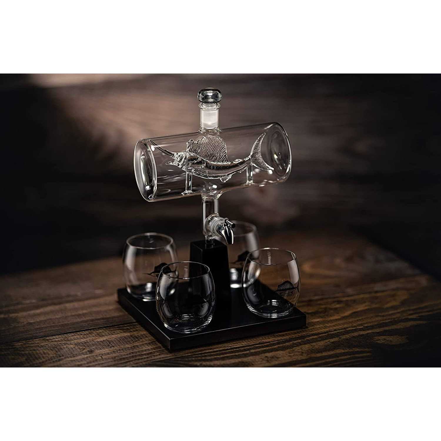 The Wine Savant Swordfish & Sailfish Wine &Whiskey Decanter Dispenser and 4 Liquor Glasses - Image 2