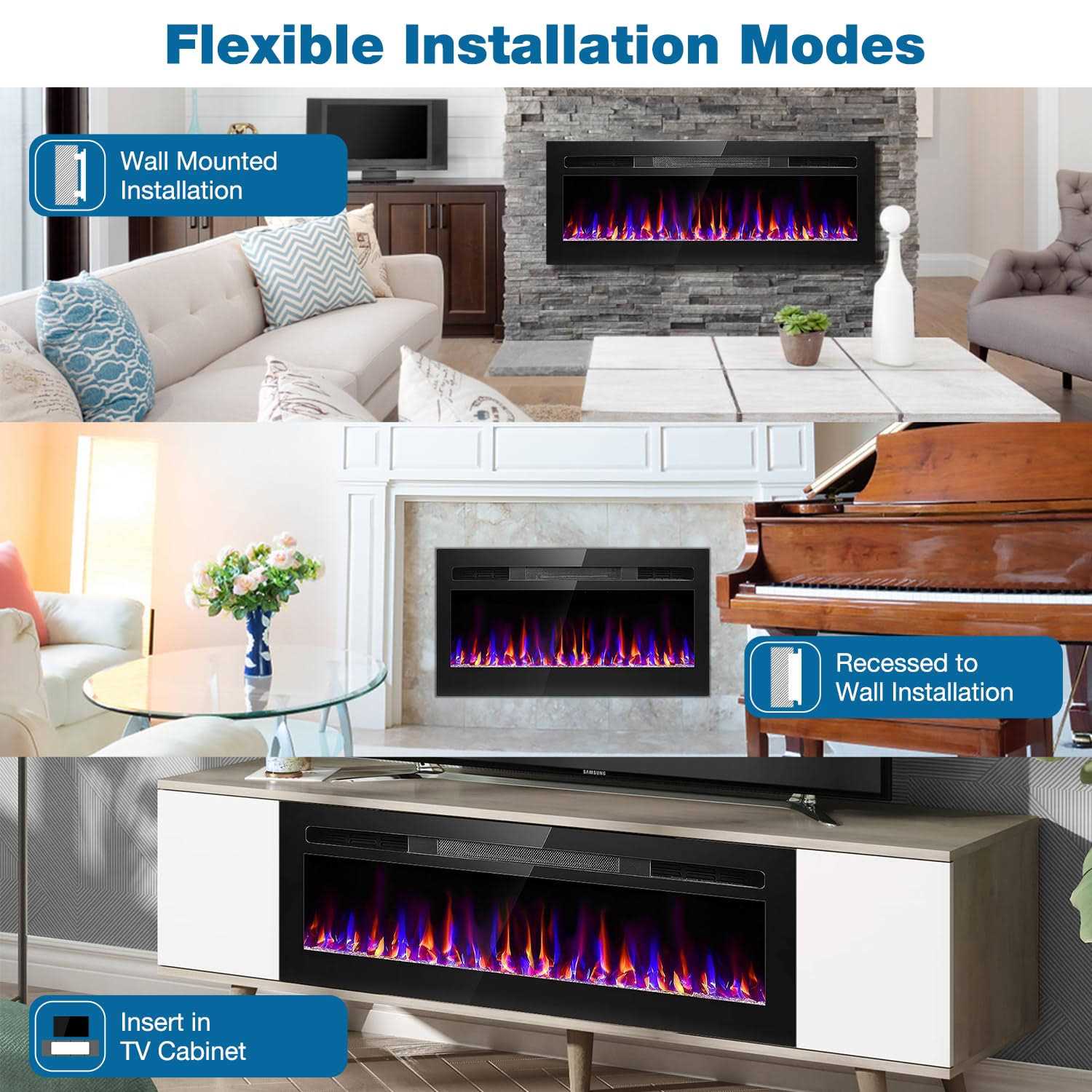 Electric Fireplace Recessed and Wall Mounted, Fireplace Heater and Linear Fireplace - Image 3