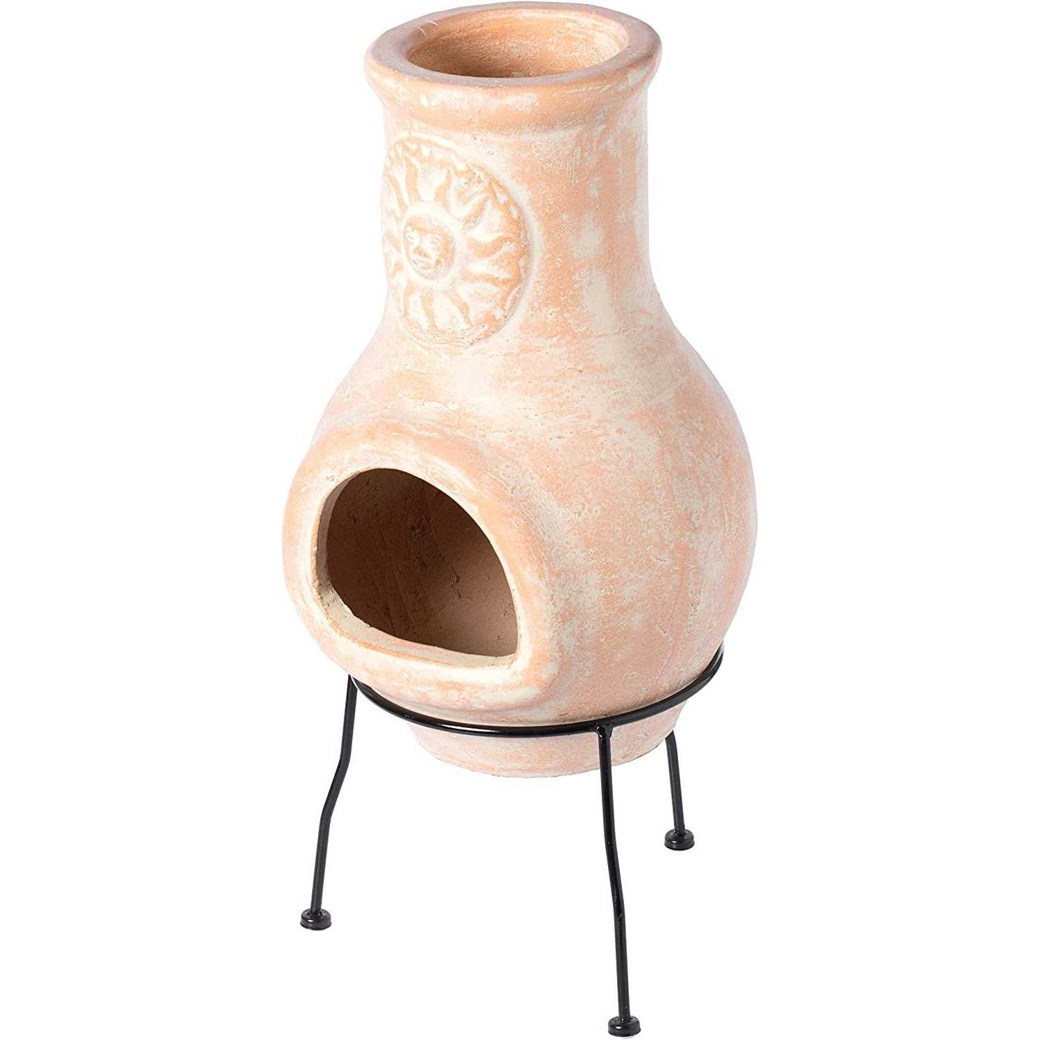 Vintiquewise Outdoor Clay Chiminea Sun Design Charcoal Burning Fire Pit with Metal Stand - Image 4