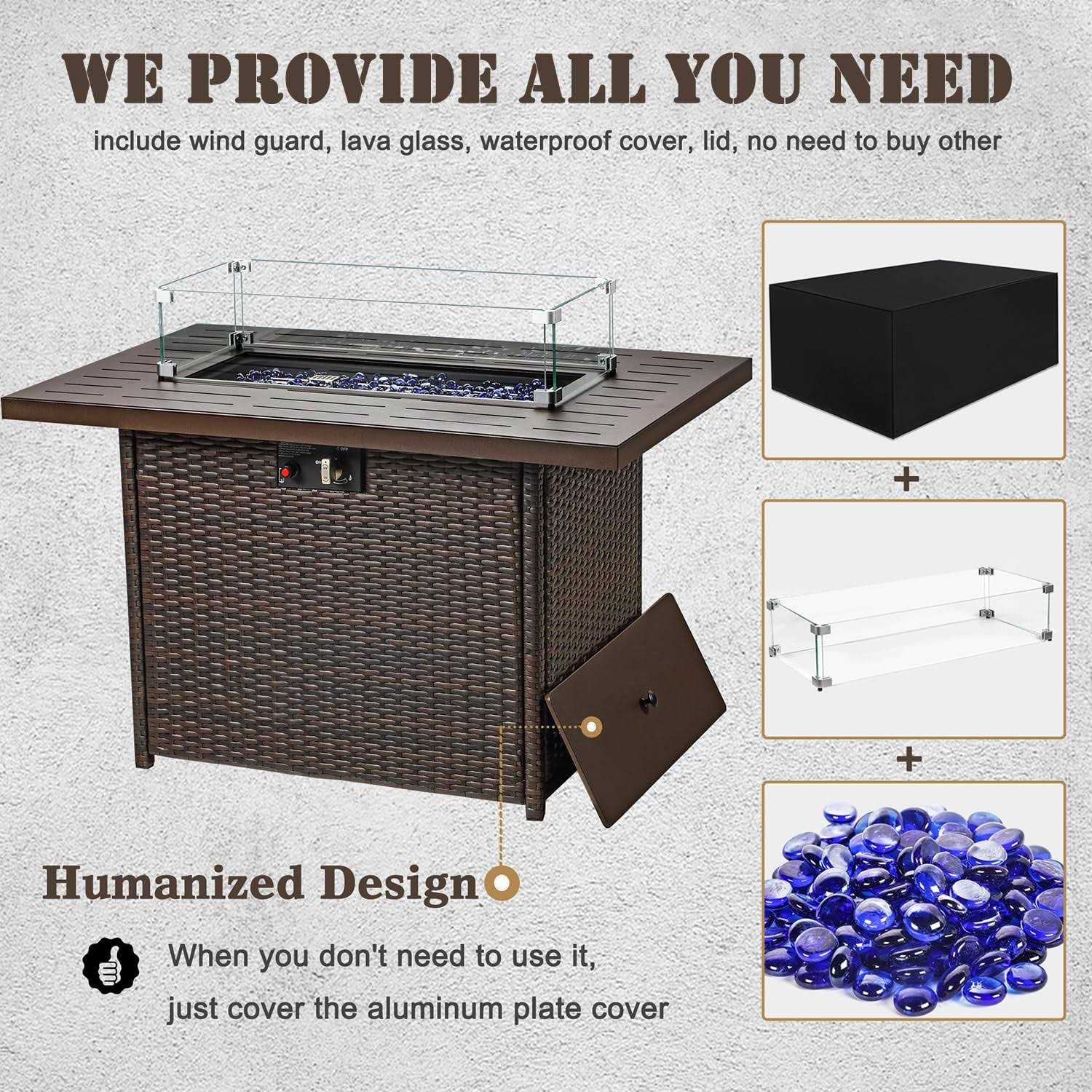 Vakollia Propane Fire Pit Table,44 Inch 55000 BTU Outdoor Gas Fire Pit Rectangular with Glass Wind Guard for Outside Patio Deck - Image 2