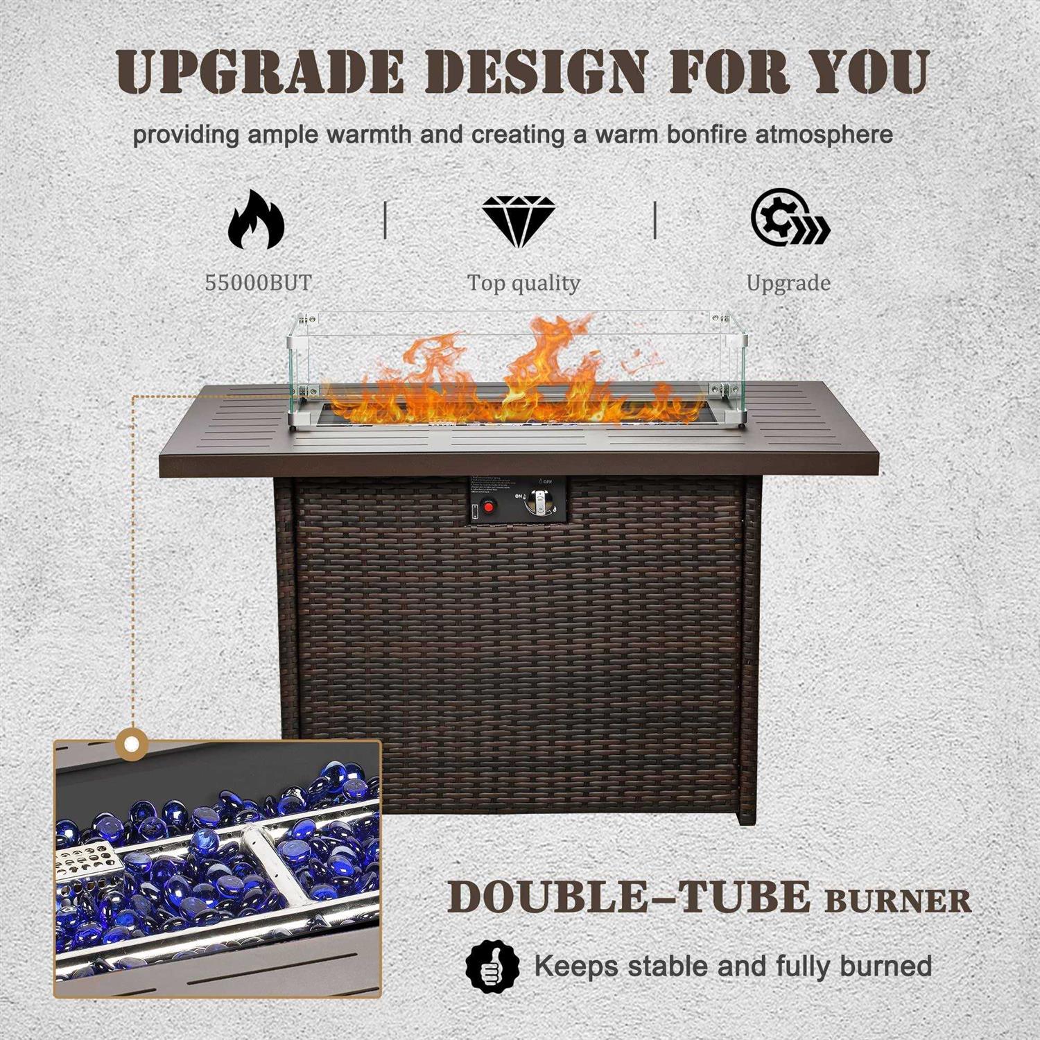 Vakollia Propane Fire Pit Table,44 Inch 55000 BTU Outdoor Gas Fire Pit Rectangular with Glass Wind Guard for Outside Patio Deck - Image 4