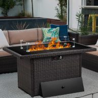 Vakollia Propane Fire Pit Table,44 Inch 55000 BTU Outdoor Gas Fire Pit Rectangular with Glass Wind Guard for Outside Patio Deck