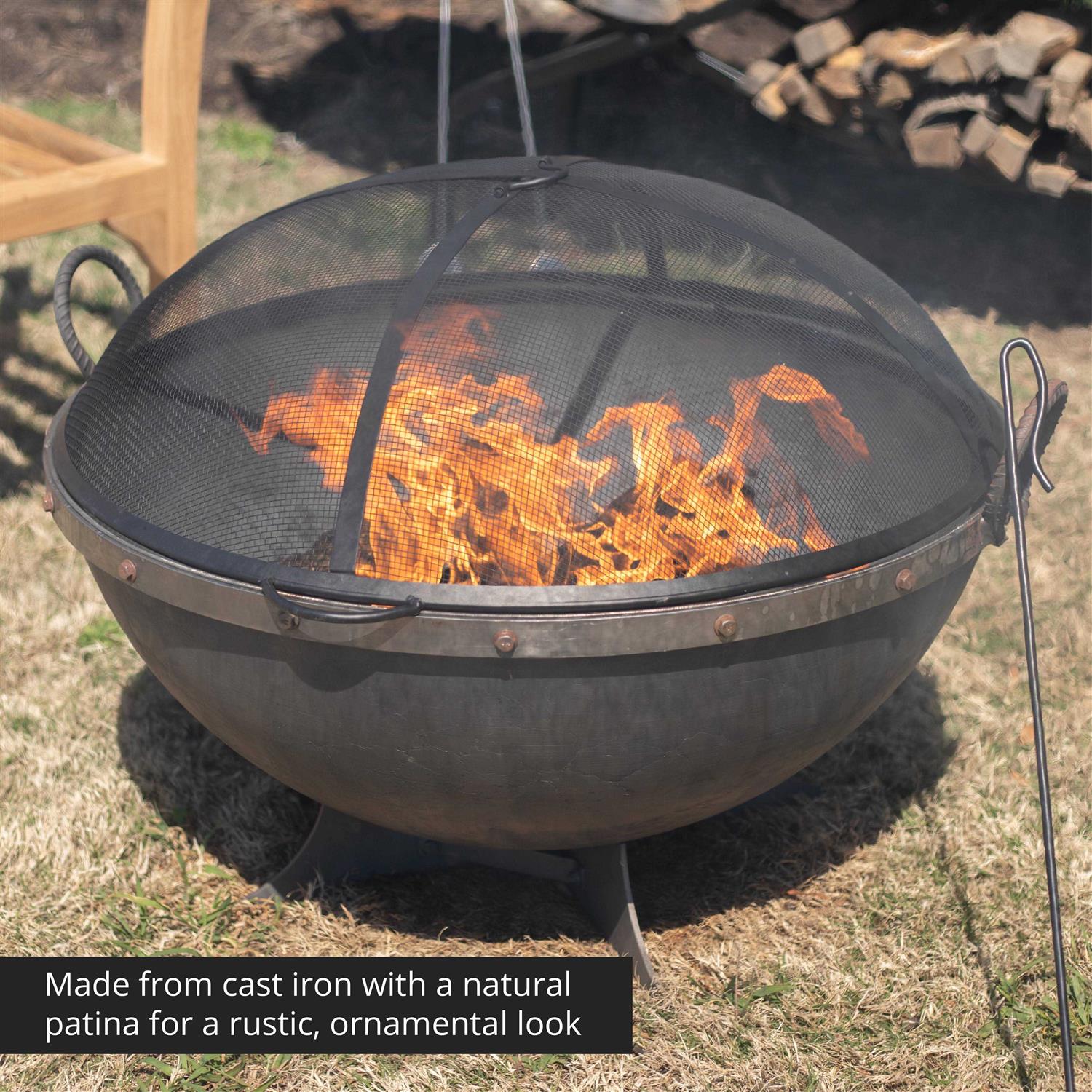 Titan Great Outdoors Hemisphere Fire Pit with Screen and Poker 32 Cast Iron - Image 5