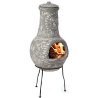 Vintiquewise Outdoor Clay Chiminea Fireplace Sun Design Wood Burning Fire Pit with Sturdy Metal Stand
