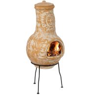 Vintiquewise Outdoor Clay Chiminea Fireplace Sun Design Wood Burning Fire Pit with Sturdy Metal Stand
