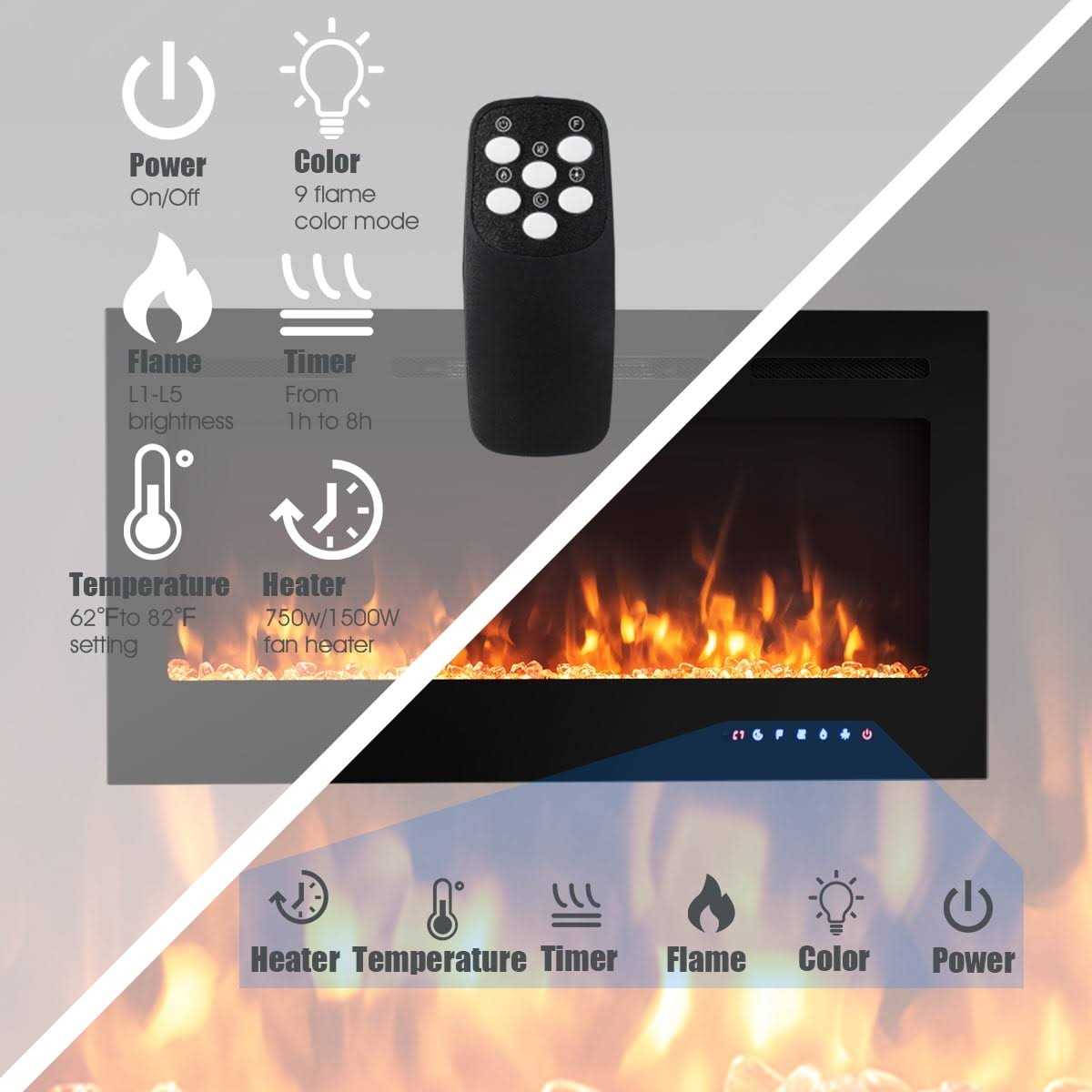 Topbuy Recessed Electric Fireplace Wall Mounted Heater w/Remote Control 750w/1500w mode Adjustable Flame - Image 5