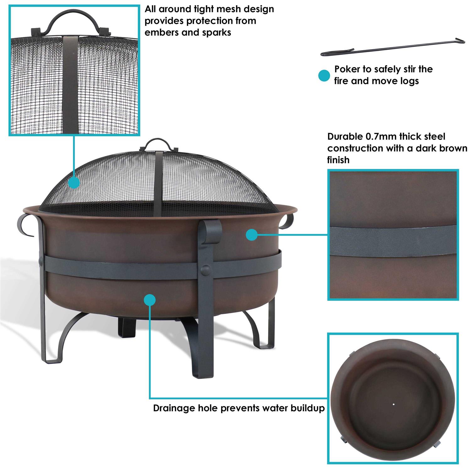 Sunnydaze Decor 29 in. Round Steel Wood Burning Fire Pit with Cauldron Style and Spark Screen Set in Bronze - Image 5