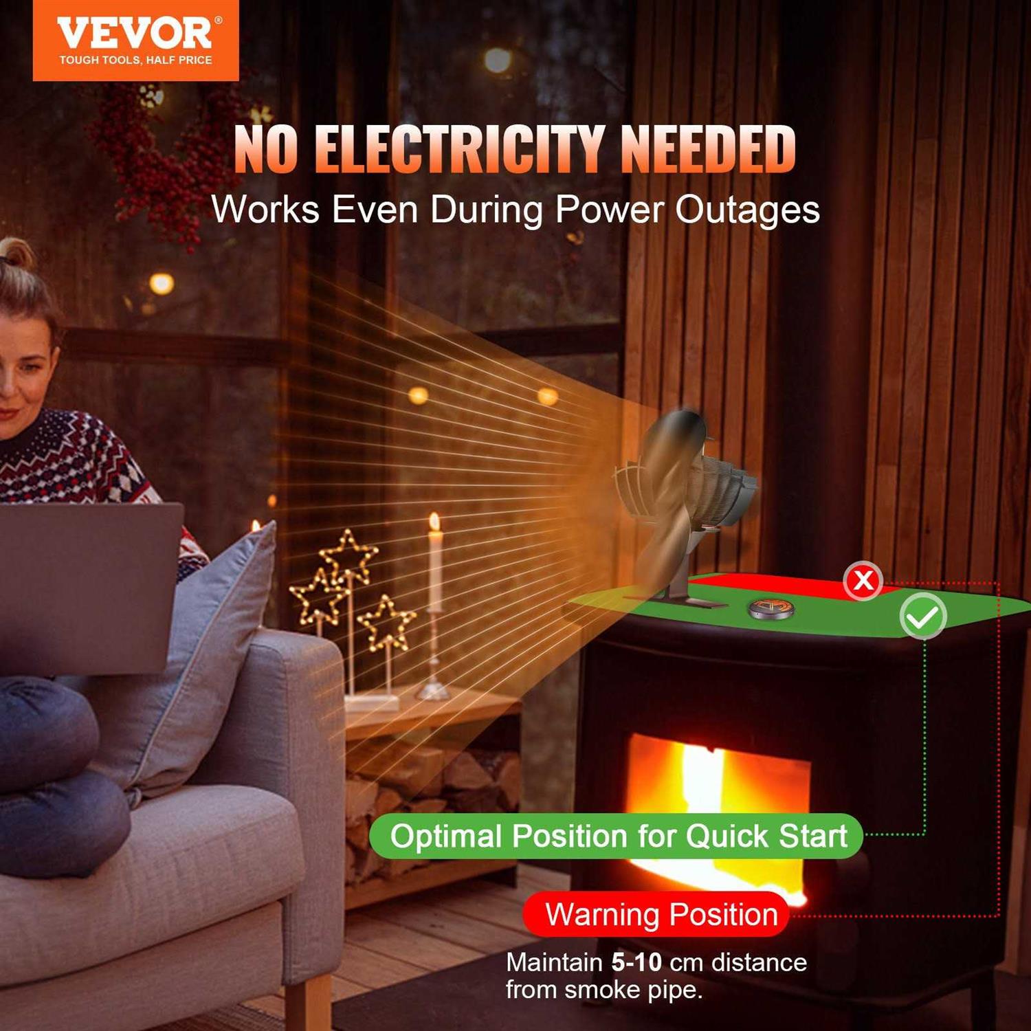 VEVOR Wood Stove Fan Heat Powered Quiet Fireplace Fans for Wood/Log Burner/Heater - Image 2