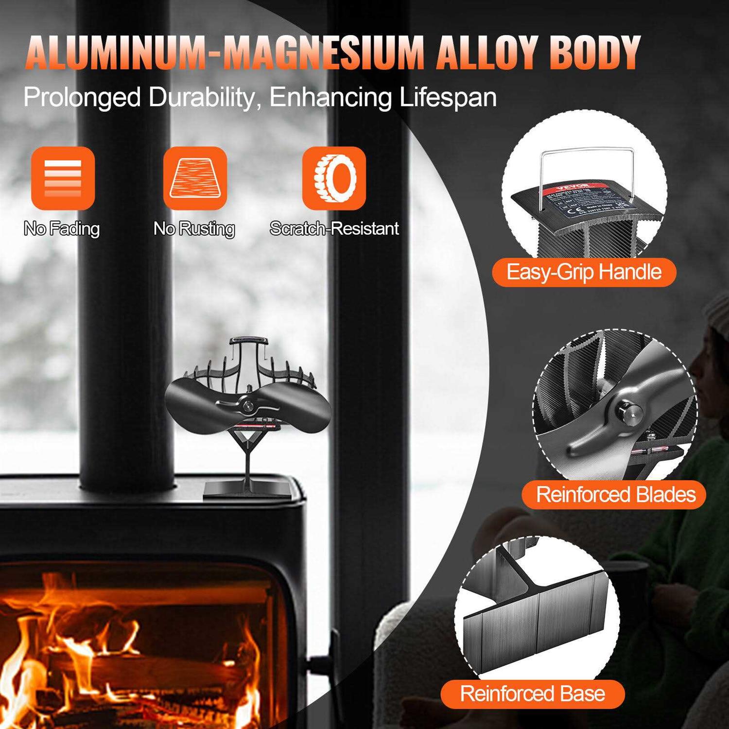 VEVOR Wood Stove Fan Heat Powered Quiet Fireplace Fans for Wood/Log Burner/Heater - Image 4
