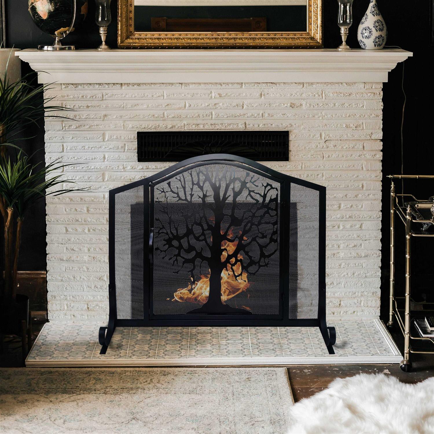 The Urban Port 43 Inches 3 Panel Iron Fireplace Screen Mesh Design Arched Top UPT-232047 - Image 5