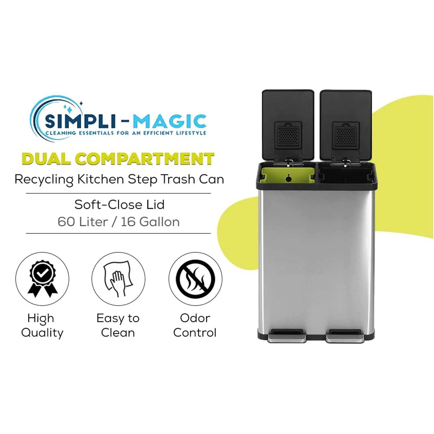 Simpli-magic Dual Compartment Trash Can with Separate Foot Pedals Rectangular Stainless - Image 2