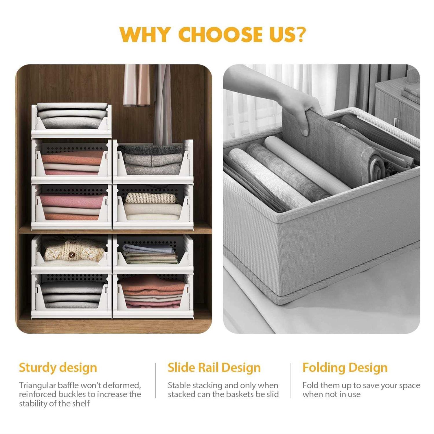 UAK 4 Pack Stackable Plastic Storage Basket for Closet Wardrobe Organizer and Storage Bin Sweater Drawer Shelf Storage Container for Cupboard - Image 3