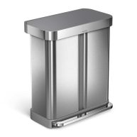 simplehuman 58 l Brushed Stainless Steel Dual Compartment Rectangular Recycling Step-On Trash Can with Plastic Lid