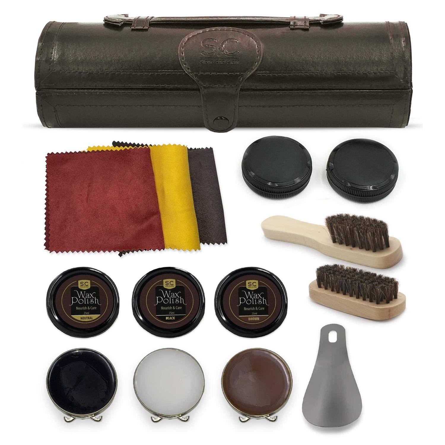 Stone and Clark Stone & Clark 12PC Shoe Polish & Care Kit Leather Shoe Shine Kit with Brown Wax