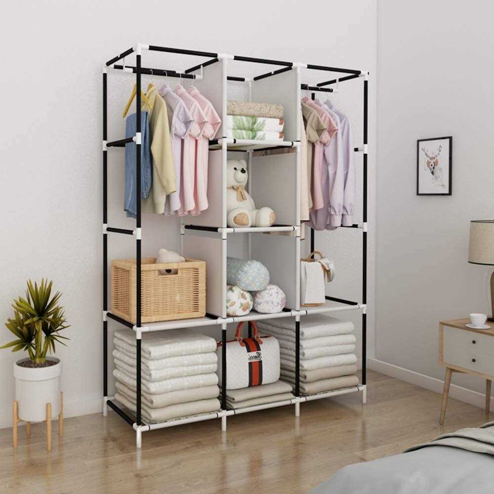 UDEAR Portable Wardrobe Closet Clothes Organizer Fabric Cover with 6 Storage Shelves, 2 Hanging Sections and 4 Side Pockets - Image 3