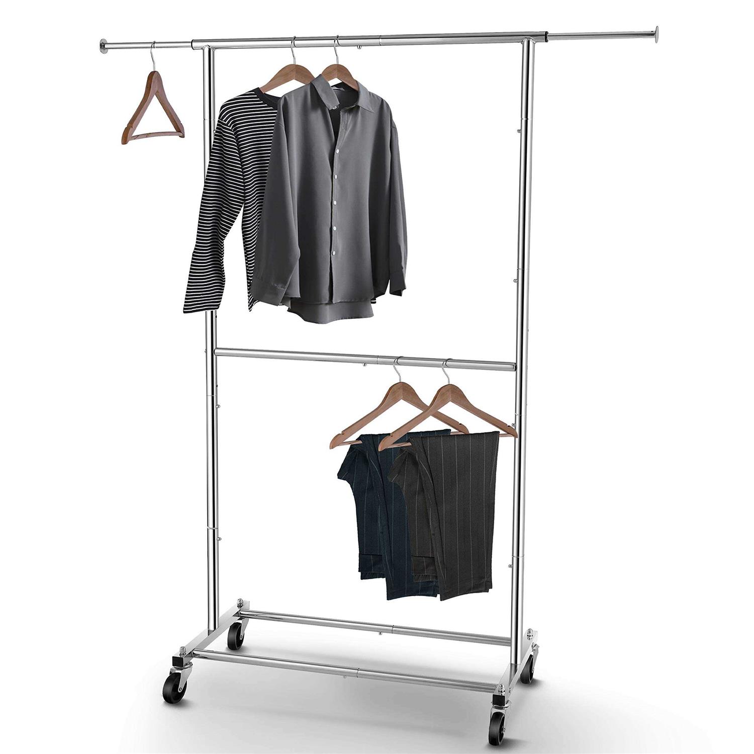 Simple Trending Double Rod Clothing Garment Rack Rolling Clothes Organizer on Wheels for Hanging Clothes