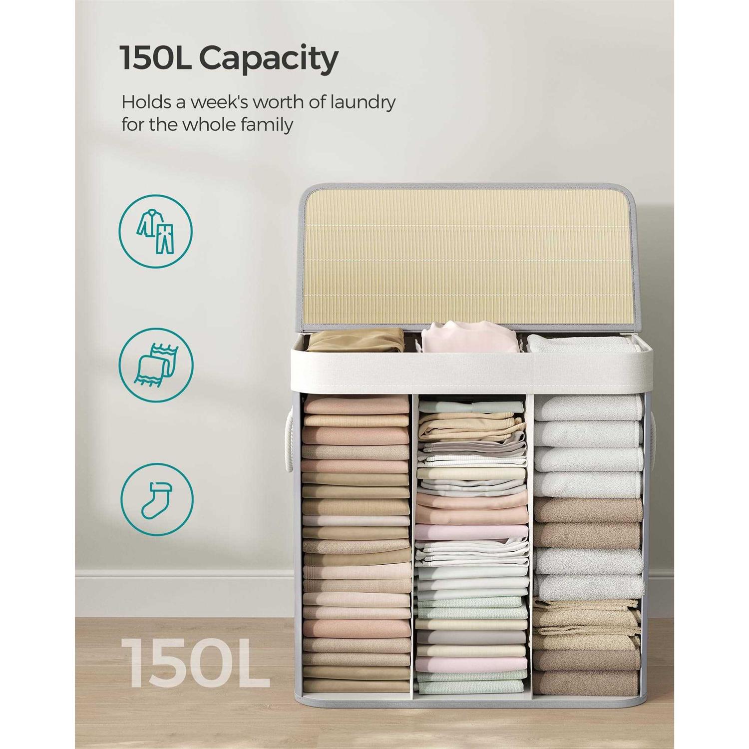 SONGMICS 3-Section Laundry Hamper with Lid - Image 3
