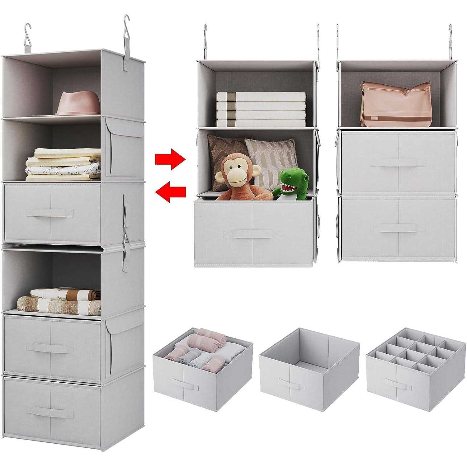 Vailando 6-Shelf Hanging Closet Organizer 2 Separable 3-Shelf Hanging Shelves with 3 Drawers for Wardrobe